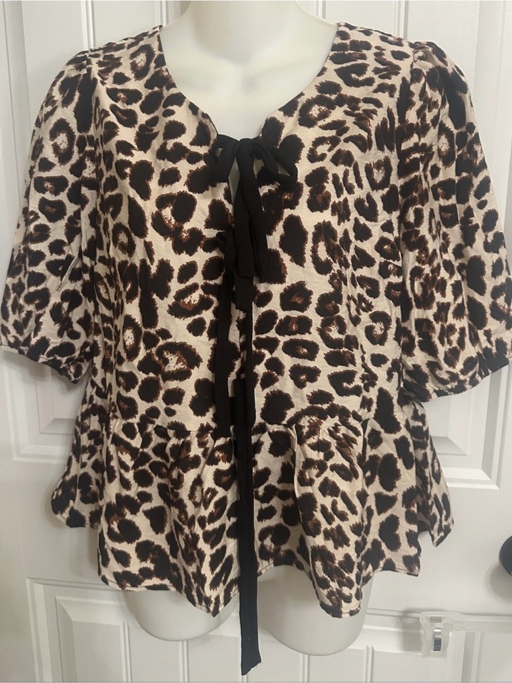 Monteau Leopard Print Peplum Blouse in Cream, Brown, Black
